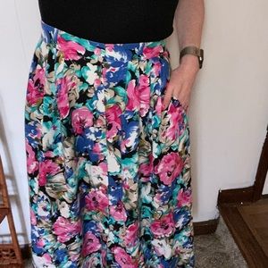 Vintage 90s Garden Floral Midi Skirt  High Waist Full Pleat  Sz 10 Pockets Pleat